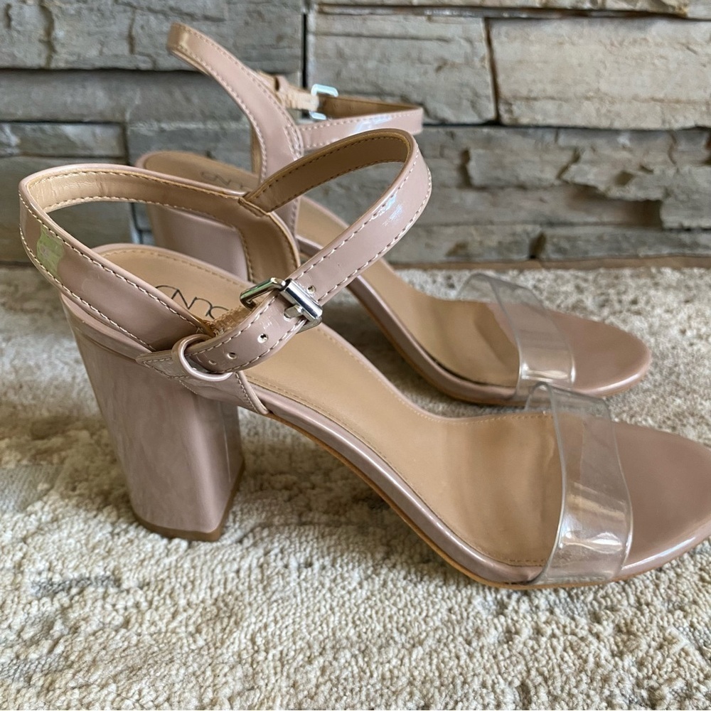 Abound Clear Strap Pumps Heels Open Toe Sandals Nude Pink Patent Faux Leather - Picture 3 of 9
